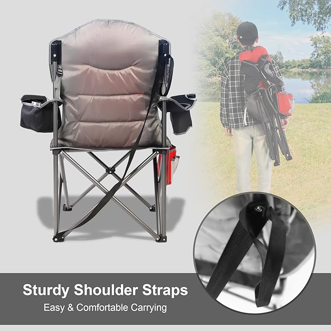 Northroad Oversized Camping Chair, Full Padded Outdoor Folding Chair Support 350 LBS, Heavy Duty Lawn Chair w/Cup Holder, Cooler Bag, Lumbar Support for Adult-Black
