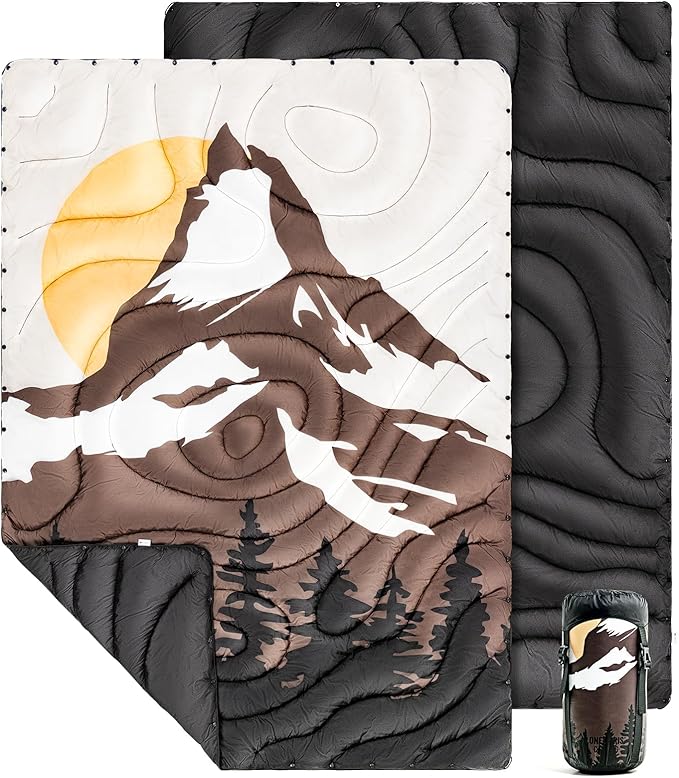 ONETIGRIS Ultralight Camping Blanket,Waterproof Stadium Blanket Poncho Packable Puffy Quilt Puffy Printed Camping Blanket with Snap Buttons & Corner Loops