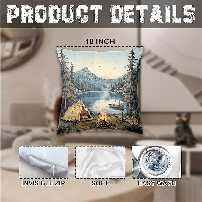 Vintage Mountain Lake Camping Pillow Cover 18x18, Rustic Woodland Campsite Decor, Moody Pine Tree Forest Throw Pillow Cover for Home Bedroom Living Room, Camper Lover Gifts