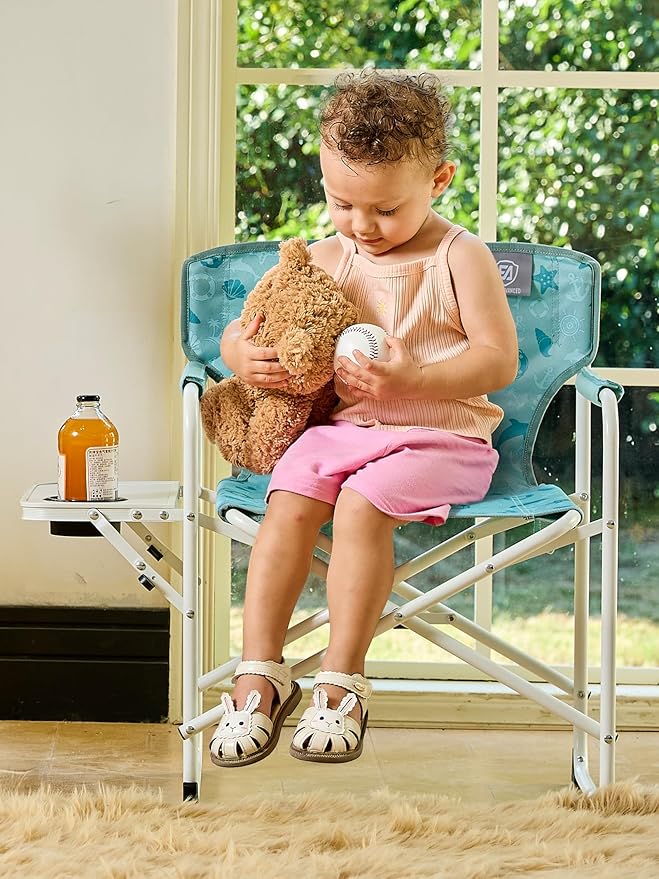 EVER ADVANCED Kids Directors Chair with Side table for Camping, RV & Sports, Padded Kid Outdoor Seat with Safety Lock, Lightweight Portable Camp Chairs for Beach, Balcony, Patio, Supports 150lbs Green