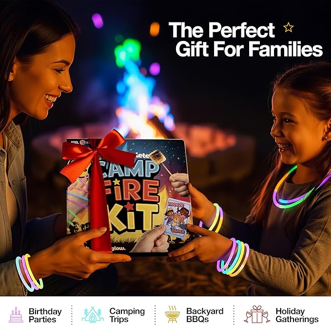 Complete Campfire Kit , Box include 6 Magical Color Changing Fire Packs, 20 Game Cards, 10 Glowsticks, 2 Fire Starters, 10 Incense Sticks, 10 Bamboo Sticks, Fun Camping Set, Outdoor Parties, Campfire