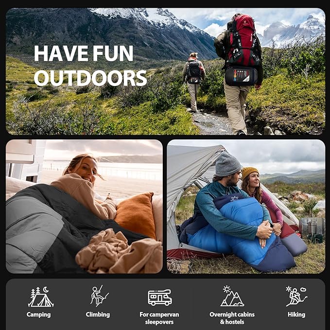 Lightweight 3-Season Sleeping Bag for Adults/Kids Camping, Compact w/Compression Sack, Waterproof Ripstop, Portable for Backpacking Hiking Travel