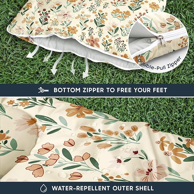 Wake In Cloud - Kids Sleeping Bag for Girls Toddlers, Camping in Warm Cold Weather, Backpacking Lightweight Compact Outdoor Liner for 3 Seasons Summer Spring Fall, Flowers Orange Cream