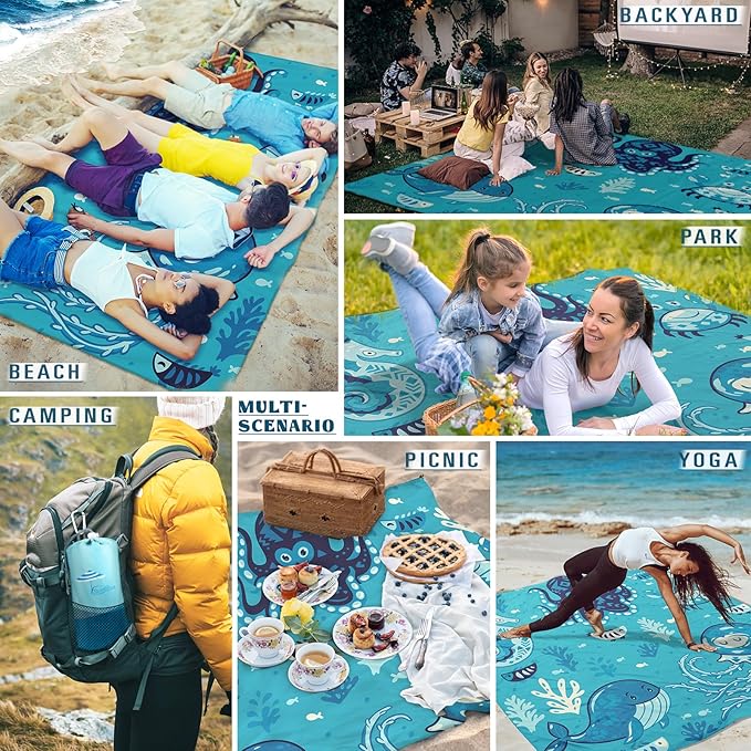 Famstar Beach Blanket Sandproof Waterproof 78''×81''1-5Adults Oversized,Compact Lightweight Durable Beach Mat for Travel Camping Hiking Picnic Blanket