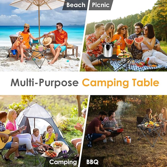 Portable Camping Table, Ultralight Picnic Table Foldable with 2 Cup Holders and Carrying Bag for Outdoor Camping Picnic BBQ Beach Party Patio Fishing, Steel Frame, High-Grade 600D Oxford Fabric