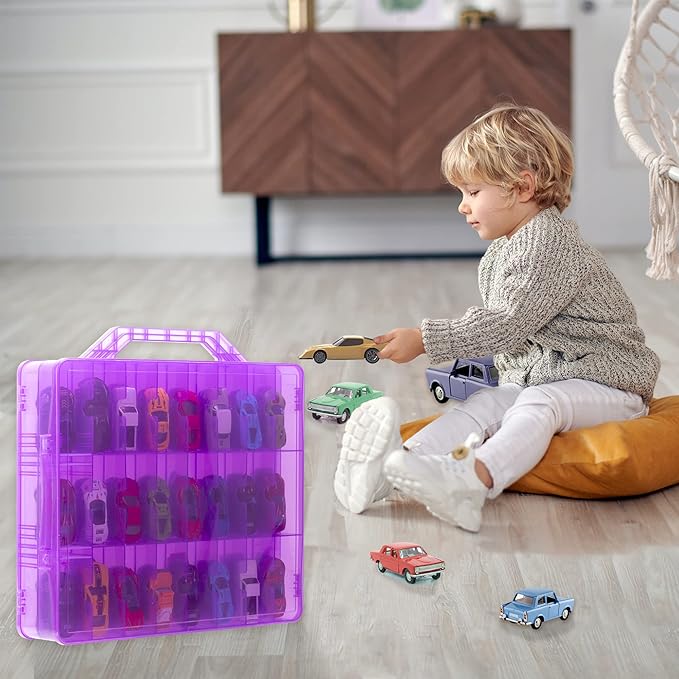 KISLANE Double Sided Toy Car Storage Case for 48 Toy Cars, Matchbox Cars, Mini Toys, Small Dolls, Portable Transparent Storage Case for Toy Cars, Matchbox Cars with 48 Compartments, Case Only