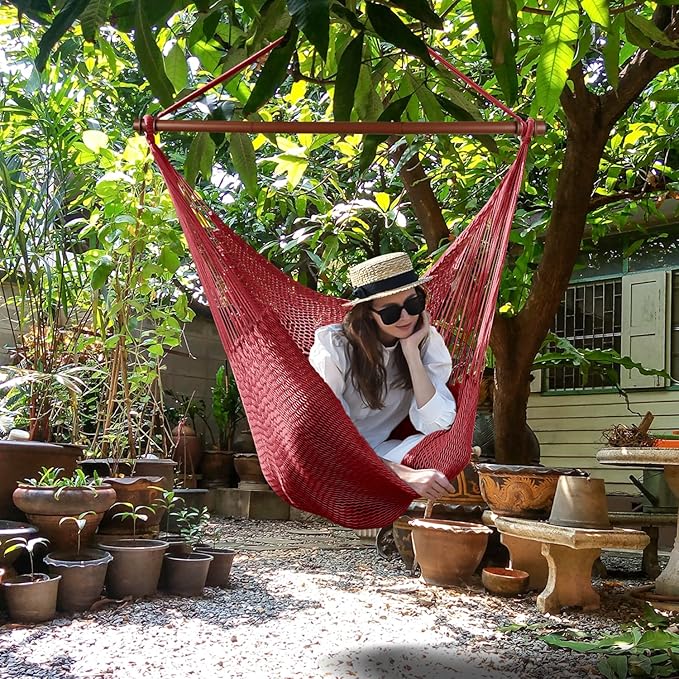 Upgraded Caribbean Hammock Chair with Detachable Metal Bar, Large Hammock Swing Chair, XL Rope Hanging Chair for Outdoor Indoor, 330 LBS Weight Capacity, FireBrick