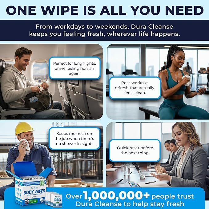 Body Wipes for Adults Bathing No Rinse - 20 Count Travel Shower Wipes - 10 x 11.5" Individually Wrapped Thick Cleansing Waterless Wash Scrubs - Disposable Washcloths for Camping & Elderly Incontinence