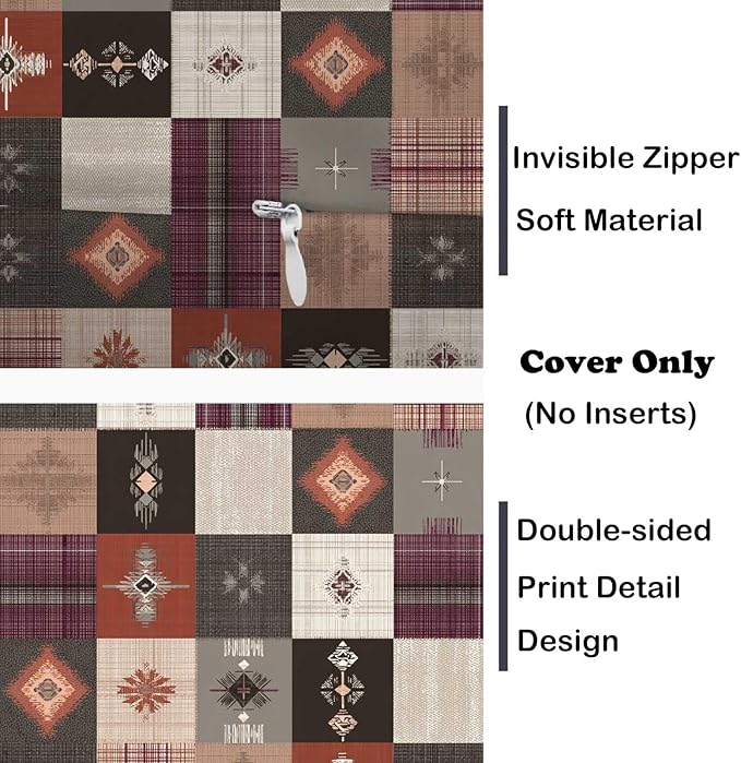 Southwestern Throw Pillow Covers 18x18 Set of 2 | Boho Tribal Patchwork Cushion Covers | Rustic Western Decorative Pillow Cases for Couch Sofa Living Room Bedroom | Bohemian Home Decor