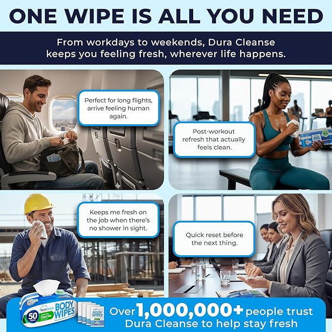 XL Body Wipes for Adults Bathing – 50 Ct + 4 Travel Shower Wipes 10 x 11.5" Thick Cleansing No Rinse Bath Wash Sheets for Elderly, Incontinence, Men & Women, Camping Essentials Disposable Washcloths