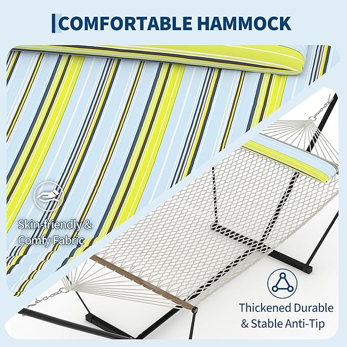 GarveeHome Double Hammock with Heavy-Duty Steel Stand, 2 Person Portable Hammock, 450LBS Max Weight Capacity, Easy Assembly, Ideal for Indoor, Backyard, Camping & Outdoor Use