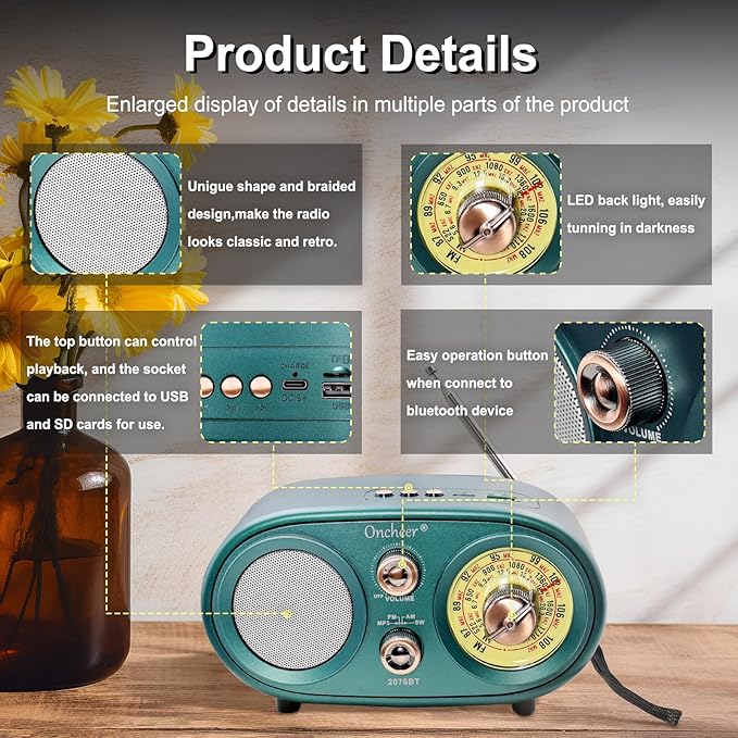 Oncheer Portable Retro Vintage Bluetooth Speaker Radio, FM/AM/SW 3 Band, Adjustable Antenna, Battery Powered, Support TF Card, USB Playing Music, Home Decor Gifts for Friends Family -Greencolor