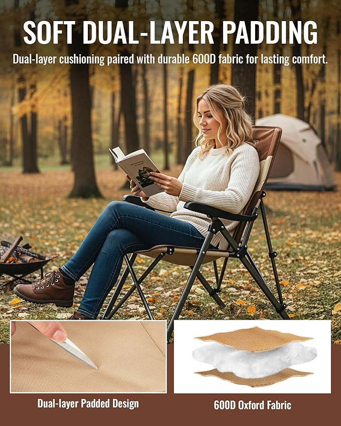 KingCamp Folding Camping Chair Adjustable 3-Position, Reclining Outdoor High Back Camp Chair with Hard Armrests, Heavy Duty Portable Chair, Dual-Layer Padded Seat & Storage for Camping, Lawn, Backyard