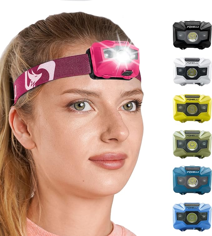 Foxelli USB‑C Rechargeable LED Headlamp – Ultra‑Light 2.4 oz & Bright 180 Lumens – Red/White Light, 5 Modes, IPX5 Waterproof, 40 h Runtime for Trail Running, Camping, Hiking