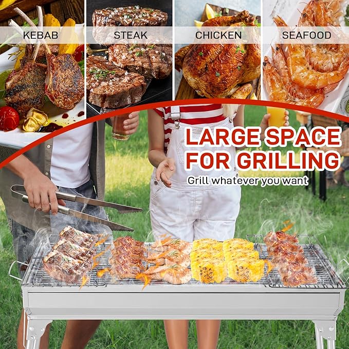 Outvita Portable Charcoal Grill, 28x 13 x 27" Foldable Barbecue Grill, Stainless Steel BBQ Grill for Outdoor Cooking Camping Hiking Picnic Garden Beach Party