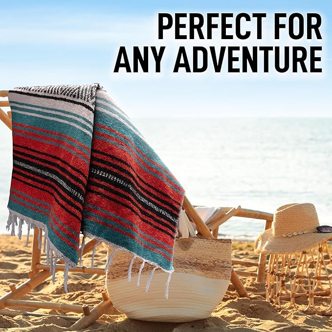 Hydration Nation Authentic Large Handwoven Mexican Blanket - Soft Yoga - Durable Serape - Lightweight Falsa, Beach, Camping, Picnic, Outdoor 70"x50" - Mandarin