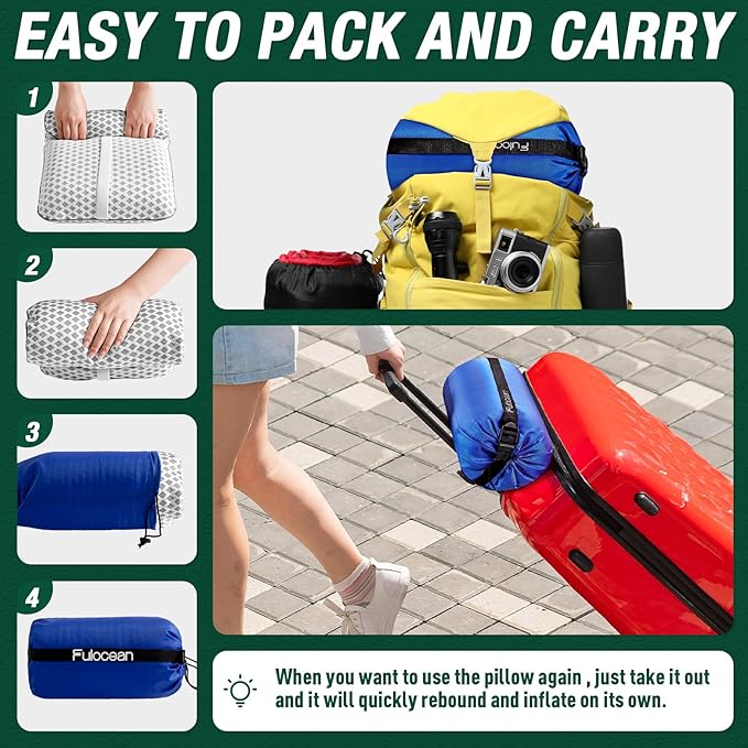 Small Cooling Memory Foam Travel & Camping Pillow for Airplanes & Car Sleeping,Medium Firm Camp Pillow for Backpacking & Hiking with Washable Cover, Compact Portable Bag, Contoured Support, Waterproof