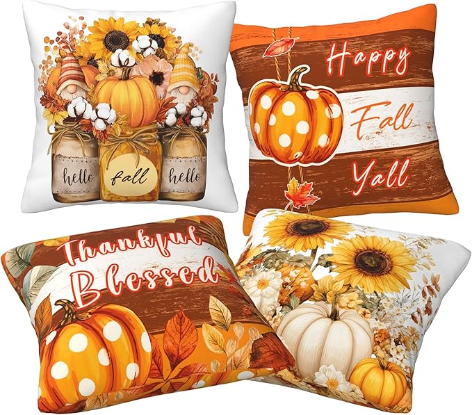 Fall Pumpkin Throw Pillow Covers 18 X 18 Inch Set of 4 Decorative Cushion Cover Home Decor for Sofa Chair Couch Bedroom Living Room