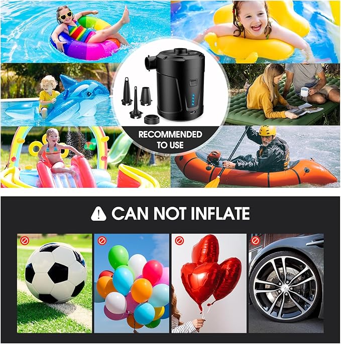 Air Pump for Inflatables,Air Mattress Pump,5200mAh Battery,Camping Essentials,Electric Air Pump,4 Air Nozzles,Fast Inflator Deflate for Inflatable mat,Air Mattresses Beds,Pool Floats,Vacuum Storage