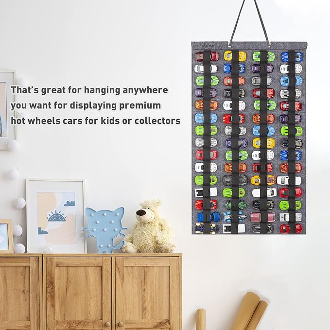 Hanging Storage Organizer for Toy Cars Felt Display Case Hold Up 60 Toy Cars (Without Accessories)(Gray)