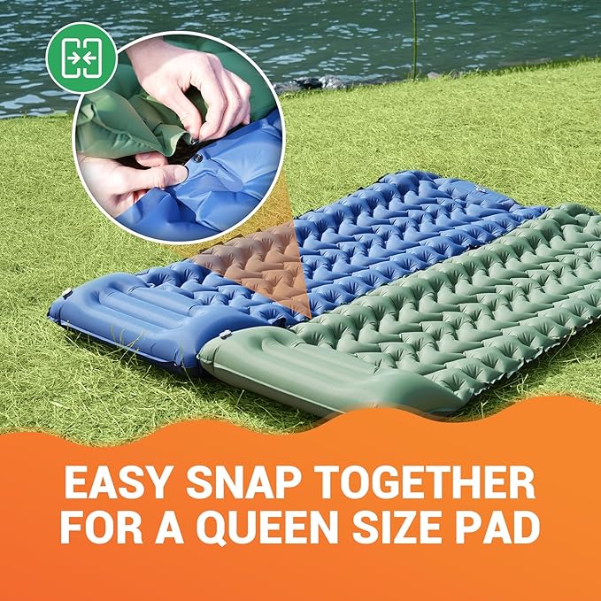 KingCamp Sleeping Pad for Camping, Ultralight Connectable Inflatable Sleeping Pad Camping Mattress with 6.3" Built-in Pillow & Foot Pump for Backpacking Hiking Tent Cot