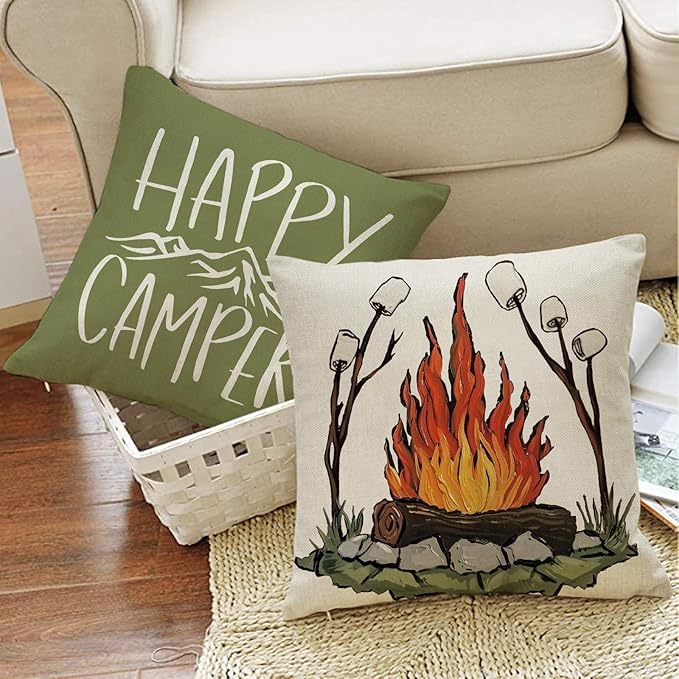 Happy Camper Gnome Green Decorative Throw Pillow Covers 20 x 20 Set of 4, Camping Life is Better Around The Campfire Porch Outdoor Home Decor, Adventure Campsite Mountain Couch Cushion Case