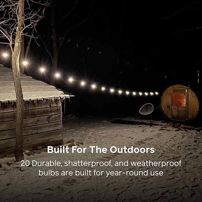 BioLite Solar String Lights 44' in Warm White, 20 Shatterproof LED Bulbs, IPX4 Water Resistant, USB-C Rechargeable Outdoor Lights for Camping, Patio, RV, Boats, Yurts, Vans & Cabins