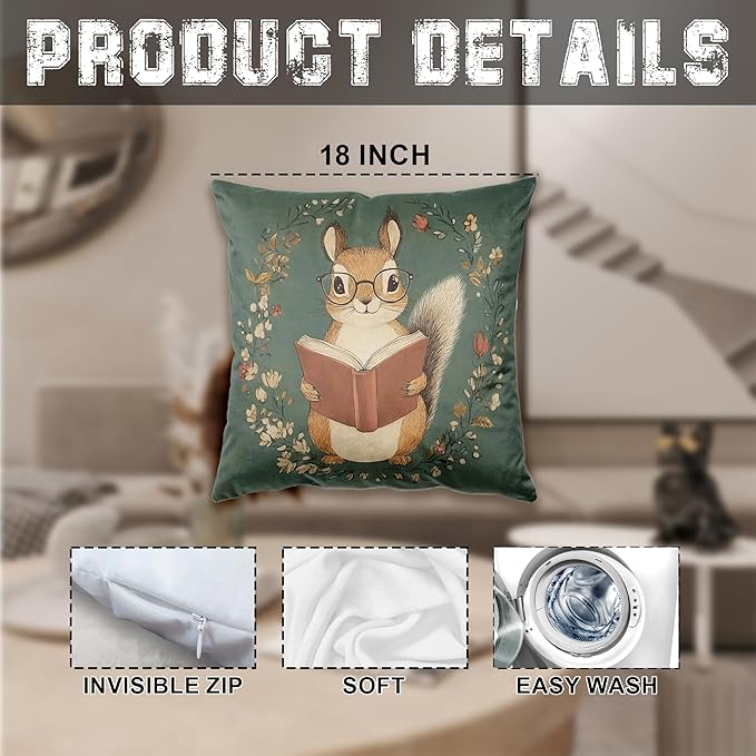 Vintage Bookish Squirrel Pillow Cover 18x18, Book Lovers Bookworm Reader Gifts, Cottagecore Forest Animal Decorative Throw Pillow Cover for Reading Room Nook Corner Home Library Nursery