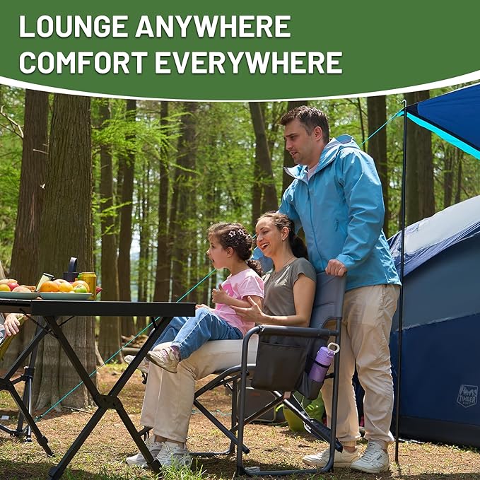Timber Ridge XXL Director’s Chair – Heavy Duty Folding Camping Chair for Adults, 500lb Capacity, Extra Wide Padded Seat for Camping, Sports, Lawn, Courtyard, and Outdoor Use, Grey