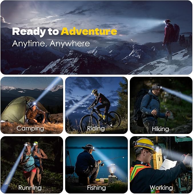 MIOISY Rechargeable Headlamp, High Lumen 5 LED Head Lamp with Red White Light,IPX4 Waterproof Headlight,8 Mode Head Flashlight for Outdoor Running Hunting Fishing Hiking Camping Gear-2Pack