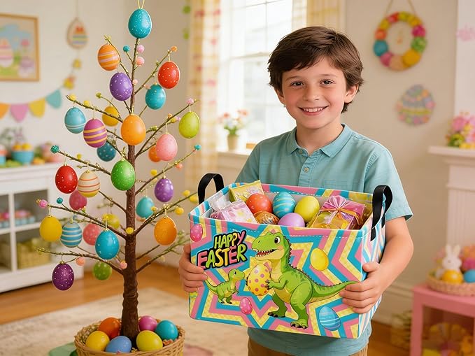 Essme Rectangular Easter Dinosaur Baskets,Kids Storage Basket with Handles for Boys Room Decor, Boys Box,Cute Storage Bin(Easter dinosaur)