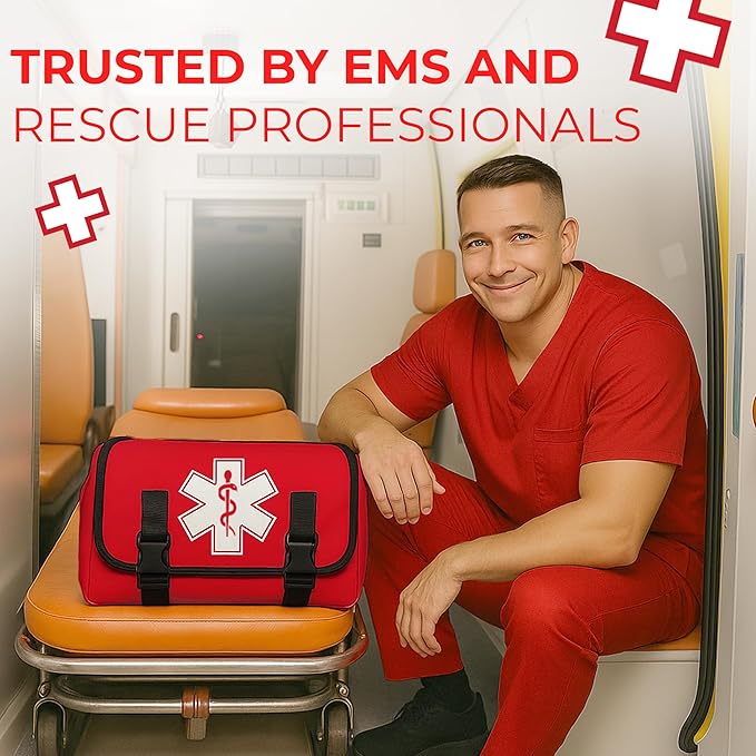 Fully Stocked EMT Trauma Bag – Tactical First Responder Medical Kit with Tourniquet, Vented Chest Seals, Hemostatic Gauze, Shears, Bandages & Bleeding Control Supplies – Red