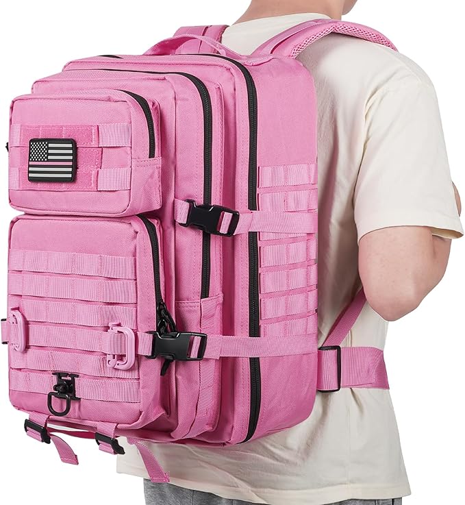 Hannibal Tactical MOLLE Assault Backpack, Tactical Backpack Military Army Camping Rucksack, 3-Day Pack Trip w/USA Flag Patch, D-Rings, Pink