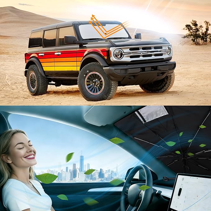Windshield Sun Shade Umbrella Custom Fit for 2021-2026 Fo-rd Bronco (Not for Bronco Sport) Accessories Foldable Sunshade Sun Blocker Protect Car from Sun Rays & Heat Damage Keep Car Cooler