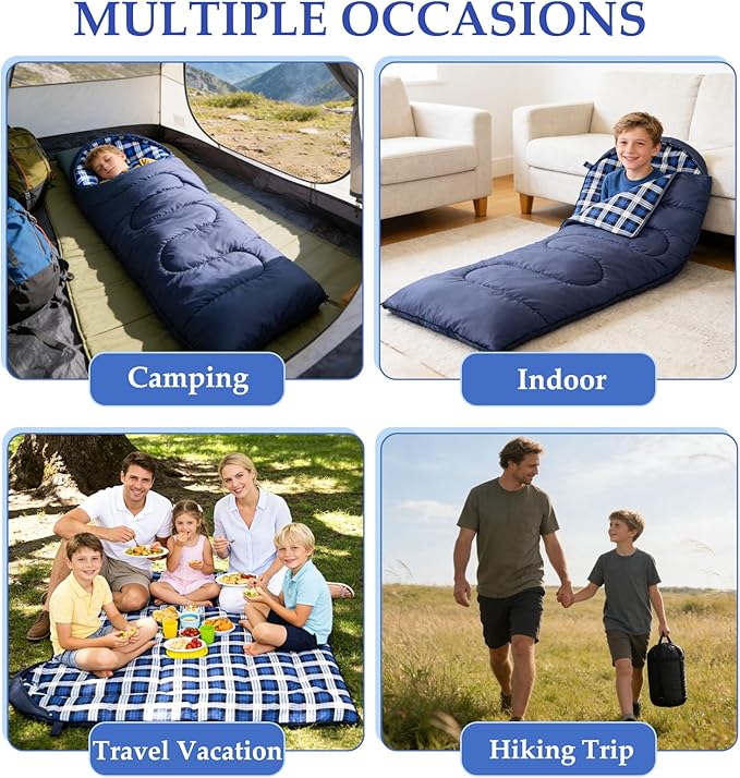 Uniqwamer Kids Sleeping Bag for Girls Boys - 4 Seasons Cold & Warm Weather Flannel Camping Sleeping Bags, Lightweight & Waterproof 45°F Sleeping Bag for Camping Hiking Outdoor Travel