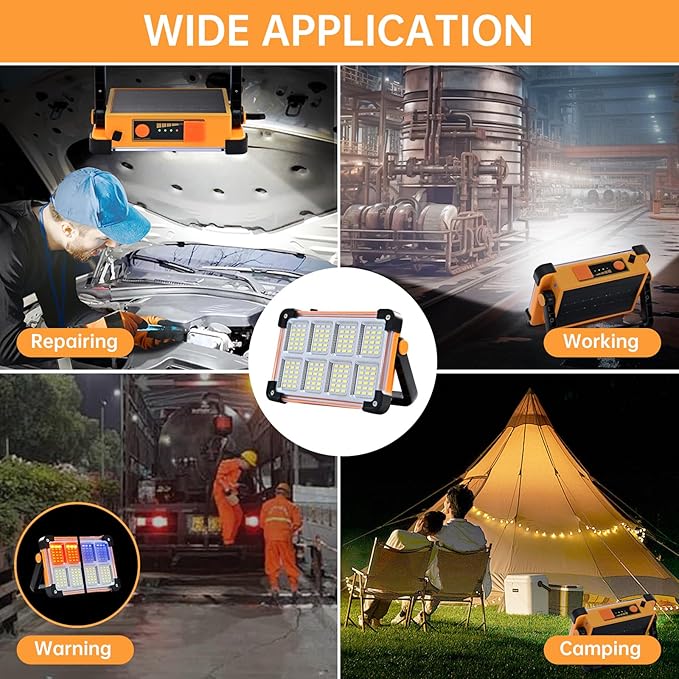 Rechargeable Flood Light - 10000LM LED Portable Work Light with Stand, 6600MAh Job Site Flashlight Spotlight for Car Repair,Camping, Emergency - Solar Hand Held Lamp IP66 Waterproof 4 Modes - Yellow