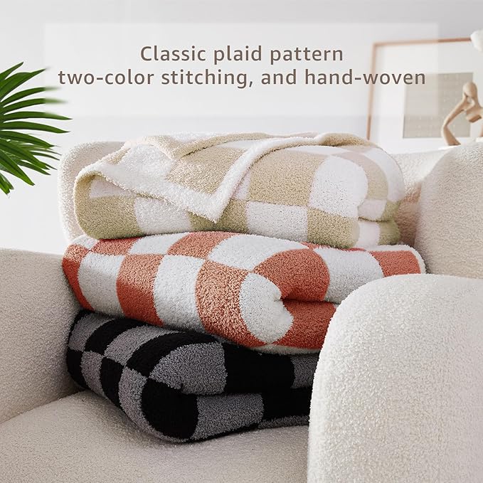 WRENSONGE Checkered Throw Blanket, Autumn Leaf Orange Soft Cozy Fluffy Warm Hand Made Throw Blankets for Couch, Sofa, Chair, Bed, Camping, Picnic, Travel Lightweight Bed Blanket - 50"*60"