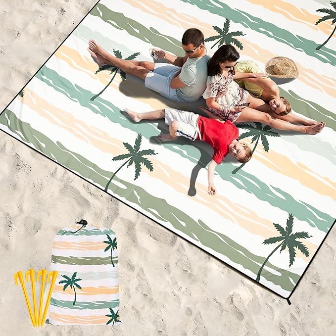 HIHOHO Beach Blanket Waterproof Sandproof Beach Mat 79”x 83” for 1-8 Adults Quick Drying Durable Outdoor Picnic Mat for Beach Festival Travel Camping Hiking (Stripes Cocotree-YL&GN, 79"×83"(4 Person))