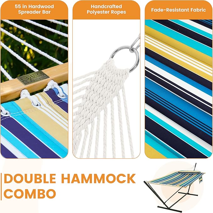Lazy Daze Hammocks 2 Person Hammock with 12FT Stand for Outside, Quilted Double Hammock with Detachable Pillow, Balance Strap & Carrying Bag Included, 450lbs Capacity, Beach Stripes