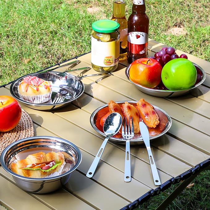 Camping Mess Kits - 28pcs Camping Dinnerware Set Camping Gifts Camping cookware Sets Camping Accessories Camping Cooking Utensils Set Bowls, Plates, Knives, Forks, Spoons