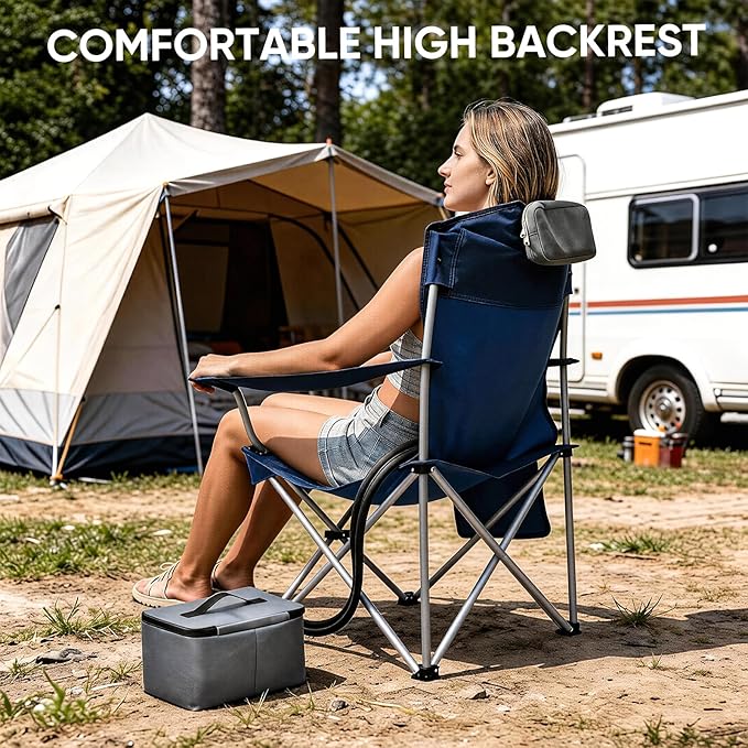 Camping Chair with Cooling Pad – Cools 50°F in 20 Sec, Folding Beach Chair with Cup Holder, Side Pocket, 330 lbs Heavy Duty, Includes Storage Bag – Ideal for Sports Events, Excludes Battery