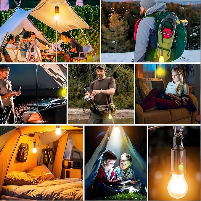 4 Pack Led Camping Lantern Solar Rechargeable,Outdoor Tent Lights for Camping Essentials, Hanging Light Bulbs with Clip Hook Camping Flashlight