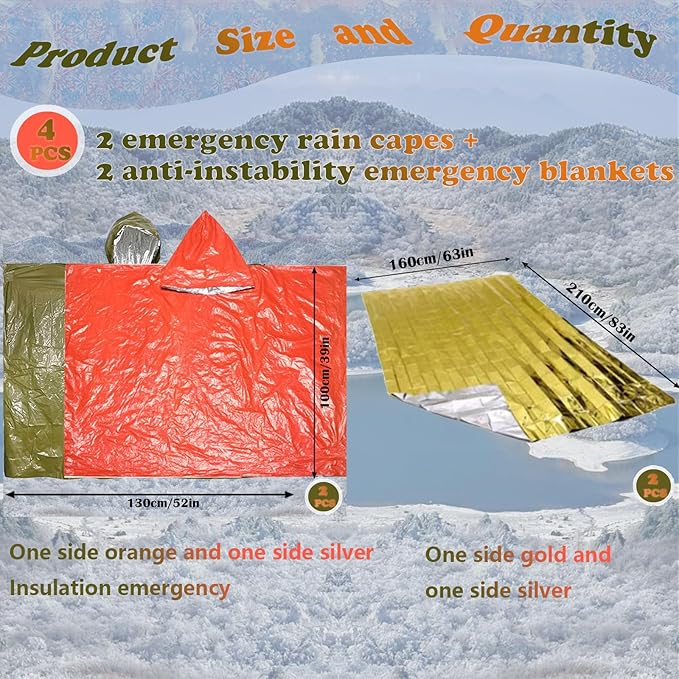 4X Surviv`al Gear kit, Emergency Poncho (2pc), Emergency Space Blanket (2pc), Mylar Liner - Retains 92% Body Heat, Outdoors, Hiking, Camping, Bug Out Bag, Marathons or First Aid, Car (G + O)