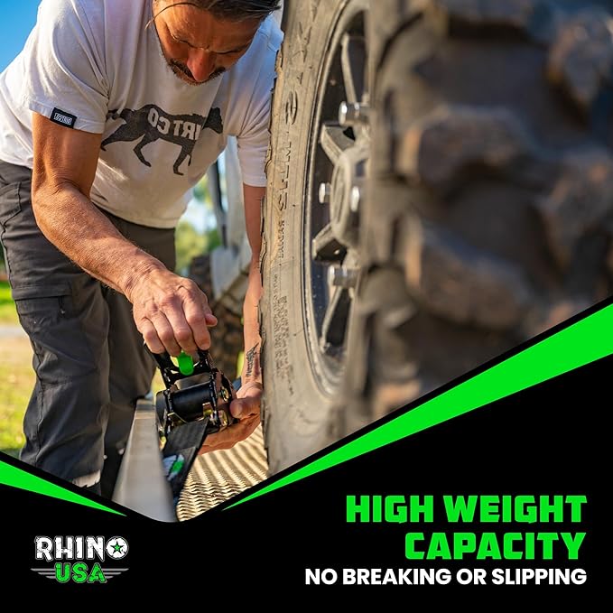 Rhino USA Retractable Ratchet Straps (4-Pack) - 2 Inch x 10 Feet (3,033lb Break Strength) - Heavy Duty Auto Self Retracting Tie Down Straps for Truck, Cargo Trailer, Motorcycle, Rad & More - Black
