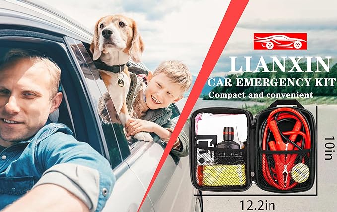 LIANXIN Car Roadside Emergency Kit, with Jumper Cables Automotive Kit,Car Safety Roadside Assistance Kit Headlamp,Tow Straps, Multi-Function Blades, Rainwear, Gloves.Blue