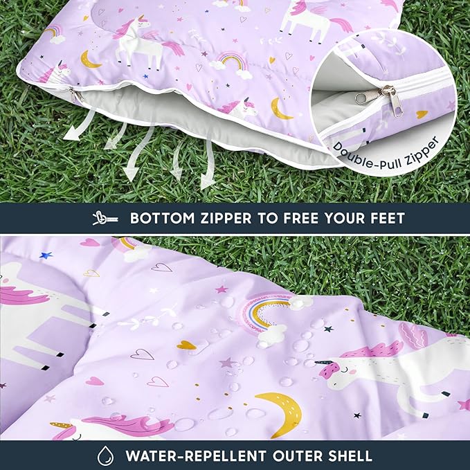 Wake In Cloud - Kids Sleeping Bag for Girls Toddlers, Camping in Warm Cold Weather, Backpacking Lightweight Compact Outdoor Liner for 3 Seasons, Celestial Unicorns