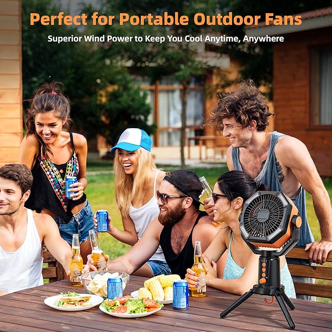 MORIKO Table Fans Tripod, 20000mAh Rechargeable Battery Operated Portable Tent Fan with LED Lantern, Remote Control, Hook, 270° Pivot, Stepless Speed-Ideal for Camping, Picnic, Barbecue, Jobsite