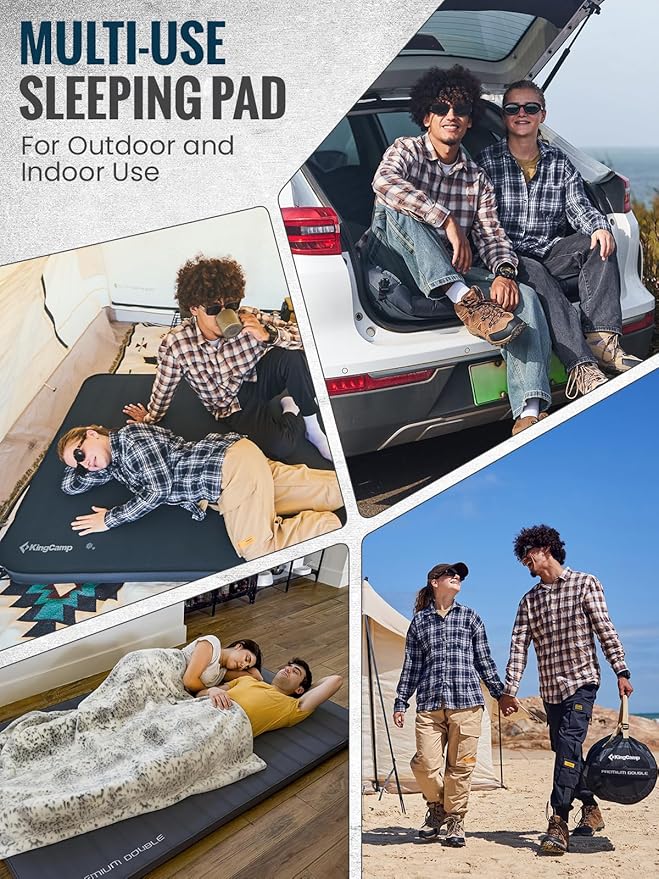KingCamp Self Inflating Sleeping Pad, Insulated Air & Foam Camping Mattress 2 Person for All Seasons, 3" Thick Full Double Size Sleeping Mat for Camp Tent Outdoor Car, PVC Free,R 3.5/7.9 Dual Side