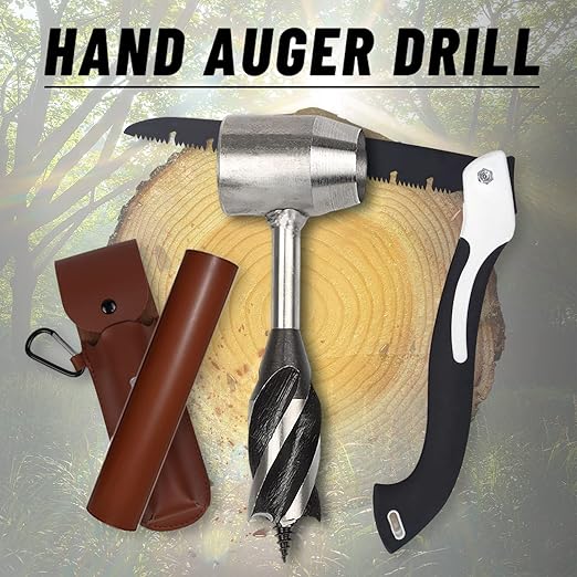 Bushcraft Gear Hand Auger Drill,Survival Tools with Folding Saw Making Wooden Rocket Stoves, 1âDia Drill Peg and Scotch Eye Maker Settlers Wrench for Camping Shelter Building (1âDia)