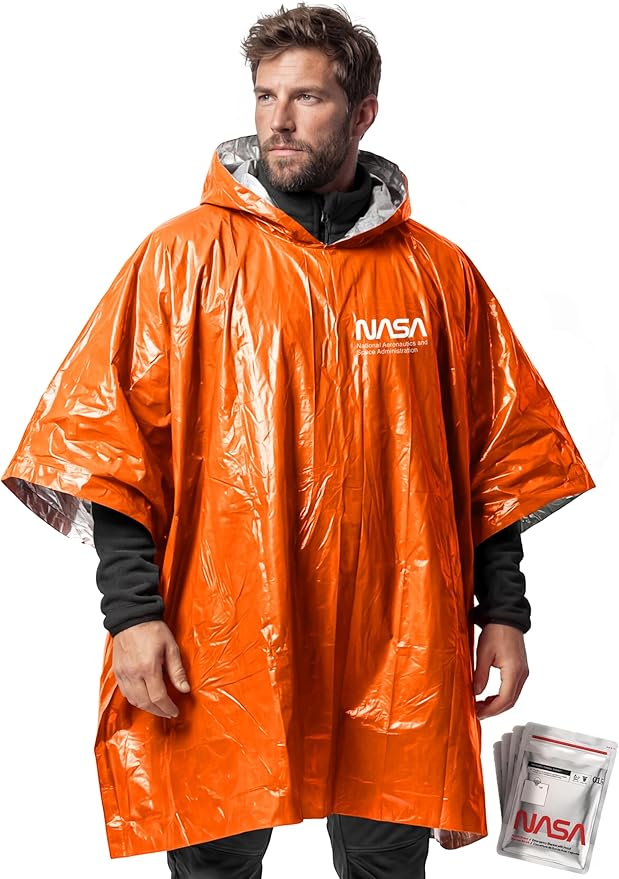 NASA Survival Ponchos (4 Pack), Anti-Tear Mylar™, 92% Heat Retention, High-Visibility Orange